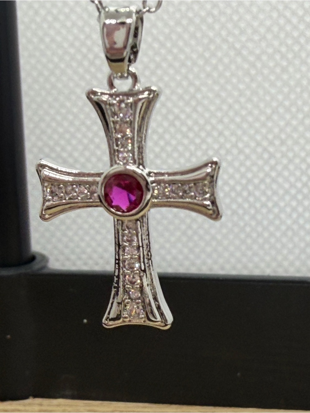 Silver Cross Pendant Necklace with Pink Center Stone